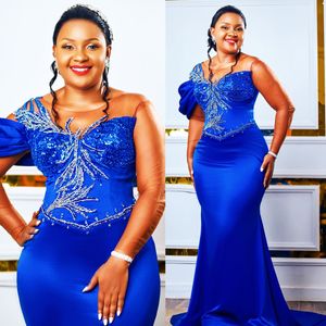 2024 Plus Size Prom Dresses for Special Occasions Royal Blue Promdress Illusion Long Sleeves Beaded Sequined Lace Birthday Party Dress Second Reception Gowns AM811
