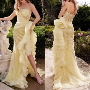 Gold Sheath Prom Dresses Strapless Sleeveless Sweep Train Lace Design Appliques Sequins Beading Celebrity Evening Dresses Plus Size Custom Made L24694