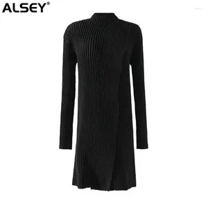 Kvinnors dikerockar Alsey Miyake Pleated Lapel Coat Women 2024 Spring Full Sleeve Medium Long Open Stitch Solid Color LooseFemale Tops