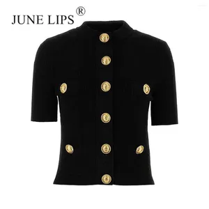 Women's Tanks JUNE LIPS 2024 Spring/Summer Fashion Tri Color Cardigan High Quality Short Sleeved Top Knitwear Wholesale For Women