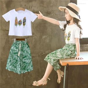 Kleidungssets 4-12 Jahre Summer Casual Kid Girl Kleidung Kurzarm Baumdruck Muster T-Shirt Pant Outfit