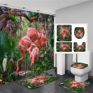 Curtains Flamingo Printing Shower Curtain Plant Bird Bathroom Curtains Home Decor Toilet Mat NonSlip Bath Mat Floor Rug Carpet Sets