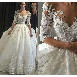 Wedding Ball Half Sleeves Gown Dresses Bridal 3D Floral Applique Handmade Flowers Beads Scoop Neck Cathedral Train Custom Made Arabic Plus Size Vestido De