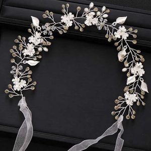 Bröllopshår smycken trendig handgjorda bröllop hår smycken blad blommor silver färg pärla kristall pannband brud huvudbonad prinsessan fest huvudbonader