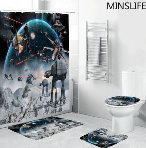 Set Star Alien Wars Printed Pattern 180x180cm Shower Curtain Pedestal Rug Lid Toilet Cover Mat Nonslip Bath Mat Set Bathroom Decor