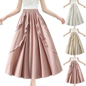 Skirts Women Chic Ruffled Pleated Skirt Tiered High Waisted Elastic A Line Big Swing Dancing Costume Puffy Solid Color Long
