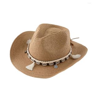 Basker handgjorda halm western cowboy hatt för kvinnor män sommar curling brim strand sol hattar panama cowgirl jazz mössa