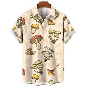 Camisas casuais masculinas Cogumelo 3D camisas impressas para homens de roupas de desenho animado Harajuku Agaricus Campestris Blouses Graphic Bloups Hawaiian Y2K Beach Tops Y240506