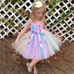 Dresses Girls Pastel Unicorn Flower Tutu Dress Kids Crochet Tulle Dress Ball Gown with Straps and Hairbow Children Party Costume Dresses