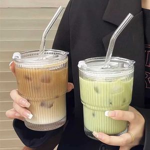 Tumblers 450ml Stripe Coffee Glass Cup With Lid and Straw Transparent Glasses Tea Juice Milk Mocha Cups Breakfast Mug Drinkware H240506