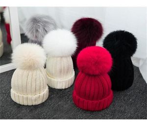 Qualität abnehmbarer echter Nerzfuchsfell Pom Pom Poms Ball Acryl Beanies Winter warme einfache Hüte Erwachsene Kinder Kinder Slouchy Herren Frauen 5139521