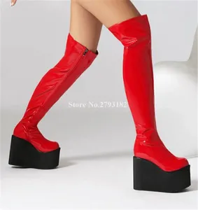 Stiefel schlanker Stil hoher Plattform Over-the Kniekeil sexy runde Zehen rot weiß schwarzes Lackleder lang