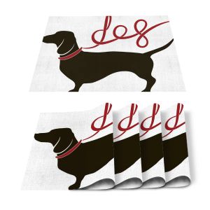 Pads 4/6pcs Dackel Dackel Hunde Cartoon Küche Placemat Set Coaster Esstischmatten Baumwollwäsche Pad Schüssel Tasse Matte Hausdekoration