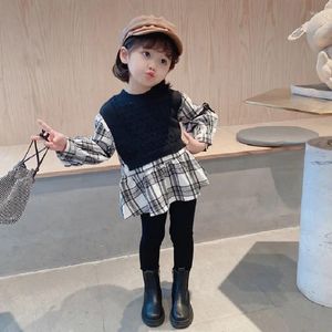 女の子のドレス韓国の秋の赤ちゃんの女の子のa-lineドレスチェッカーパッチキッズ服フルベスティドス子供幼児3〜8歳