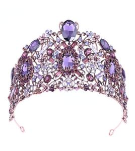 2019 luksusowa barokowa panna młoda Big Crown Hoop Purple Crystal Rhinestone Wedding Crowns Tiara Vintage Bridal Hair Akcesoria Hairband4239810