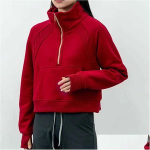 Yoga-Outfits LU-99 Women Fitness Hoodies Runing Jacket Ladies Sport halb Reißverschluss Sweatshirt Dicker lockerer Kurzmantel mit Fleece t Dhks7