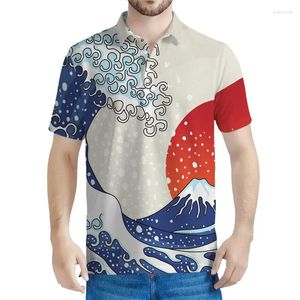 Мужская полоса японская живопись Волна Графическая рубашка Поло мужчина 3D Печать океанские футболки для футболки на пуговицах улица на улице
