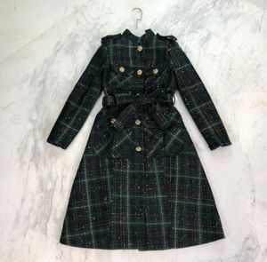 2021 Autumn Green Plaid Long Women039s Coats Designer Lapel Neck Long Sleeses Tweed Coats Womens 925051408769