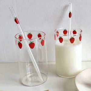 Tumblers 300ml Strawberry Cute Glass Cup with Straw Creative Transparent Water Student Milk Heat Resistant H240506