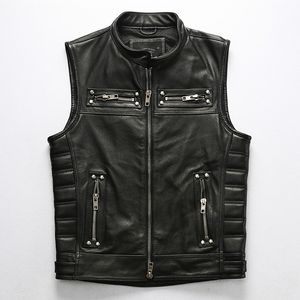 Colete de couro genuíno de motocicleta para homens com coletores de moto de bolso Cavaleiros de couro Jaquetas sem mangas de cintura listão l xl xxl 3xl 4xl