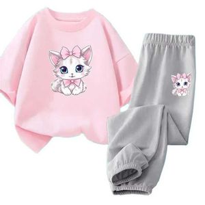 Zestawy odzieży 2 Śliczne kotki z krótkim rękawem T-shirty i spodnie dla dziewcząt Zestaw odzieży Cotton Childrens