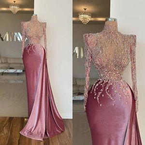 Klänningar utsökta paljetter applikationer pärlor sjöjungfru prom illusion pärlor veck klänning hög hals anpassad plus size party afton klänning vestido de noite