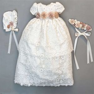 Für Kleider mit Taufmädchen neue Babyhut und Stirnband Spitze applizierte Perlen Juwel Neck Taufe Kleid Erstes Kommunikationskleid