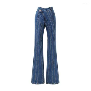 Kadınlar Kot Moda Kadın Giyim 2024 Sonbahar Çizgili Denim Flare Kadınlar Yüksek Bel Sıradan Düzensiz Pantolon