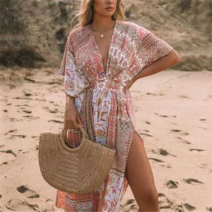 Women Beach Wear 2022 Loho Boho Maxi Kleid ethnischer Stil gedruckter Badeanzug Cover-up Bohemian Kleid Robe Plage Kaftan Long Kleid Beach Kleidung Tuniken Y240504