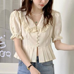 Frauenblusen Qoerlin Vintage süße Spitzenblase Kurzarm Tops Frauen Hemden Repel Rüschen plissig Hohlbluse Koreaner Trend