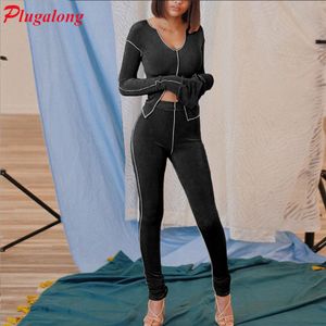 Plugalong due set di peice per donne top maniche e leggings BodyCon Streetwear Tracksuits Black Sets Outfit Womens Autunno X0924 2109