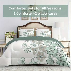 Duvet Cover 3pcs 100% Microfiber Set (1*Comforter + 2*Pillowcase, Without Core), Light Green Large Flower Print All Season Bedding Set, Soft Comfortable And Skin-friendly