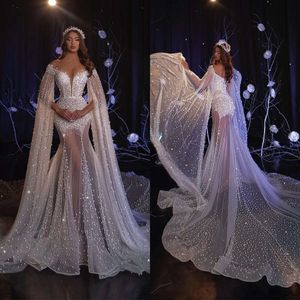 Abiti da sposa con scollo a V la sirena spalla splendida spalla maniche per tulle lunghe perle perle abito per perle con cerniera con cerniera con la cerniera con una cerniera fatta con più dimensioni presetidos de noni