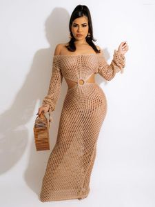 Casual Dresses S - XL Long Sleeve Hollow Out Crochet Knitted Tunic Beach Cover Up Cover-ups Dress Wear Beachwear Female Women