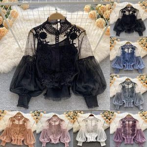 Camicette femminili 2024 donne in maglia top coreana di moda trasparente camicetta per camicetta per lantenna camicie floreali floreali eleganti blusa femminina