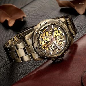 Armbandsur Retro Classic Bronze Tone Case Skeleton Mens Automatic Self Winding Mechanical Wrist Watch Military Style Nice