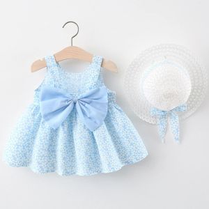 Kleider Neu in Sommerkindmädchen Kleidung Koreanische Bogen Blumen ärmellose Baumwolle Prinzessin Babykleider+Sunhat Kleinkind Kleid Set BC006