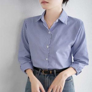 Women's Blouses Shirts Blue striped womens loose spring and autumn casual long sleeved womens office womens clothingL2405