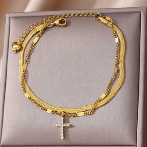 Anklets Zircon Cross Anklets For Women Gold Color Stainless Steel Cross Anklet Double Chain Summer Beach Party Jewelry Gift Accessories