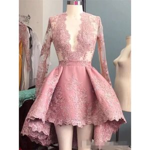 Klänningar låg rosa hög prom stuping v hals långa ärmar spets applikation 2020 blygsam kvällsfest klänning anpassad plus storlek