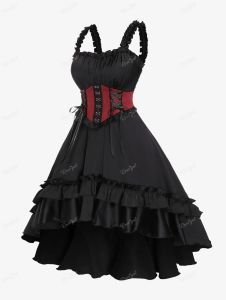 Klänningar rosegal plus storlek gotiska nya festklänningar lolita skiktade rufsade frilled laceup hög låg maxi korsett klänning vintage vestidos 5x