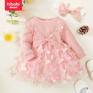 Sukienki Hibobi 2 Set Set Spring Baby Girl Butterfly Sukienka Modna i elegancka okrągła szyja Kokardka Długie rękaw z opaską na głowę