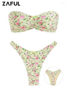 Menas de banho feminina Zaful Thong Bandeau de maiô para mulheres ditsy Floral Print Bushed Bowknot Side Strapless Lace Up Bikini Set Bikinis