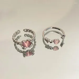 Klusterringar kpop y2k rosa hjärta opal för kvinnor koreanska mode cross stjärna öppning fingerring söta flickor fest smycken gåvor