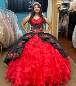 Mexican Black Charro Quinceanera Dresses 2024 Sweetheart Tiered Ruffles Red Organza Vestidos De Xv 15 Anos Beaded Flowers Fifteen Birthday Party Gown Masquerade