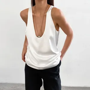 Kvinnors tankar sommaren 2024 Solid Color U Neck Sleeveless Silk Satin Party Vest Sexig White Black Basic Spring Office damer Loose Tank Top