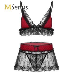 Garnitury 3PCS Mens Lace Lingerie Zestaw Regulowane paski na ramię spaghetti Deep V Szyja Bra Top z mini spódniczką i majtki gstring