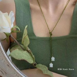 Ketten 2024 Vintage Grüne Kristall Langer Pullover Halskette Sommer weiße Tulp Blume Hochzeit Ästhetischer Schmuck Großhandel