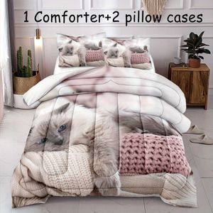 Däcke Cover 3st-modeuppsättning (1*Comforter + 2*Kudde, utan kärna), 3D Cute Cat Print Bedding Set, mjuk bekväm och hudvänlig tröst för sovrum, rum i rummet