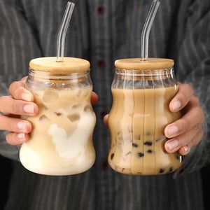 Tumblers 1/2 piece 500ml glass roller cup with straw Mason jar transparent juice coffee and milk bamboo lid beverage bar beer H240506